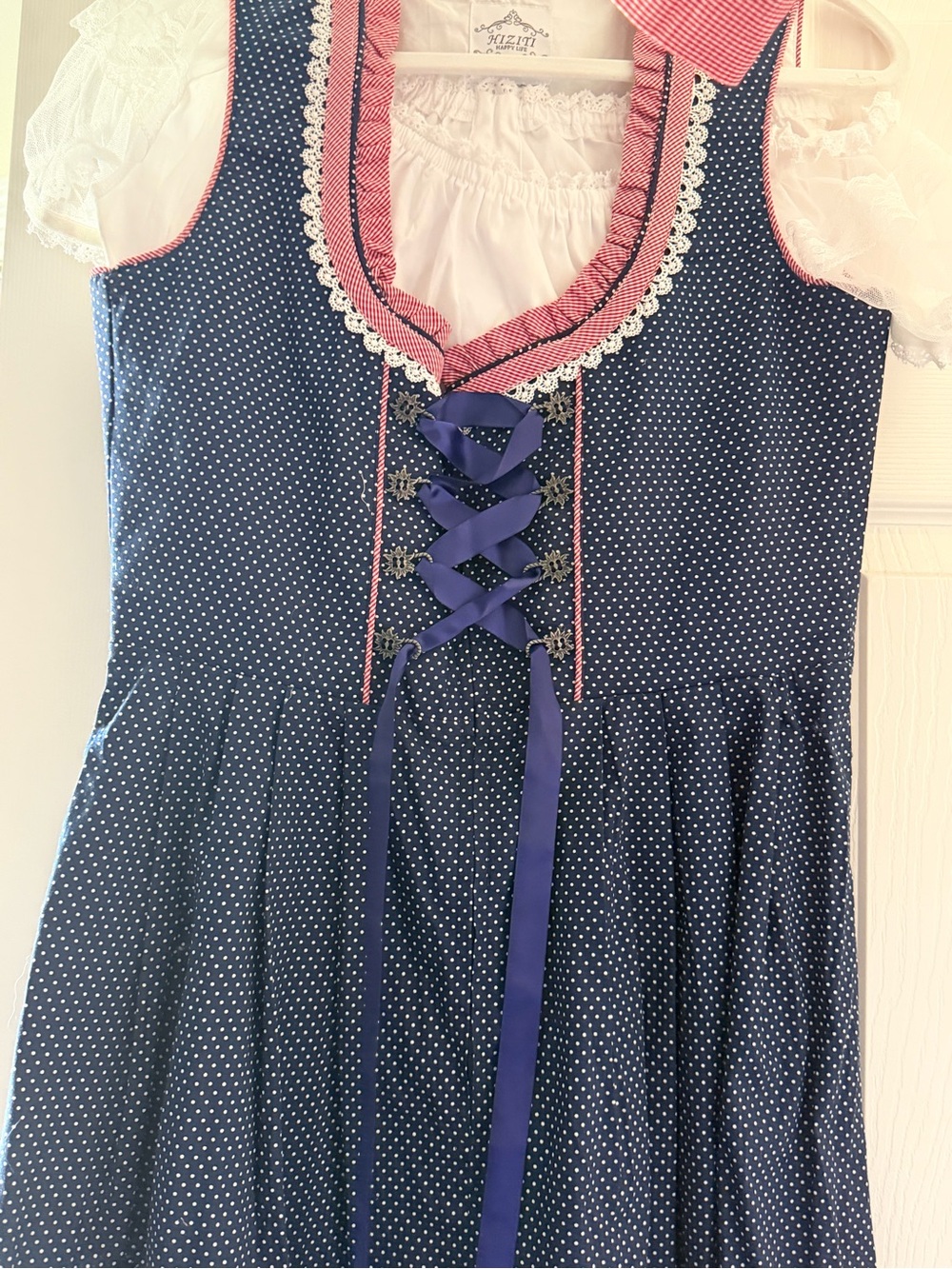 Navy Polka Dot Midi Dirndl Dress with Pink Trim